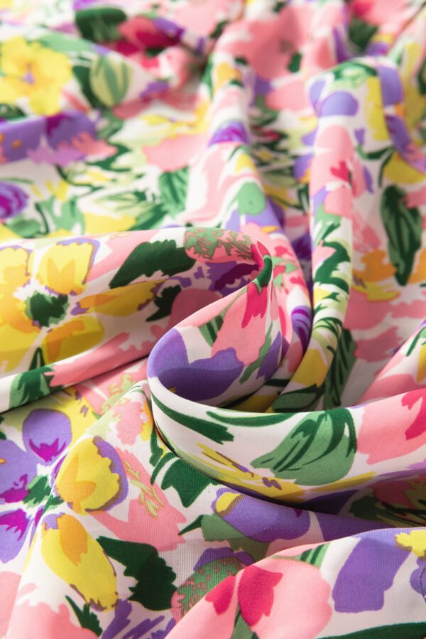 Purple Floral Print Puff Short Sleeve Crew Neck Blouse