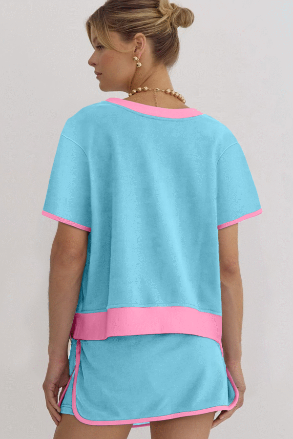 Turquoise MAMA Bow Patched Graphic Contrast Trim Tee and Mini Skirt Set