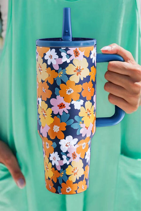Sky Blue Flower Print Stainless Steel Large Vacuum Cup