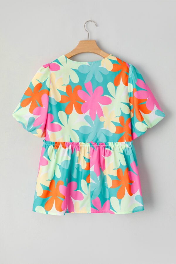 Pink Floral Print Bubble Sleeve V Neck Peplum Blouse