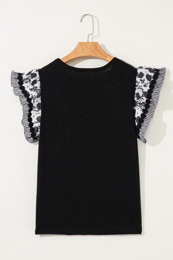 Black Floral Striped Patchwork Flutter Sleeve Easter Bunny Patched Blouse