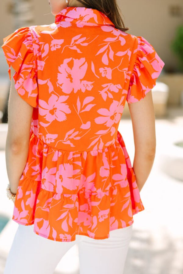 Orange Floral Print Collared Button Neckline Flutter Sleeve Blouse
