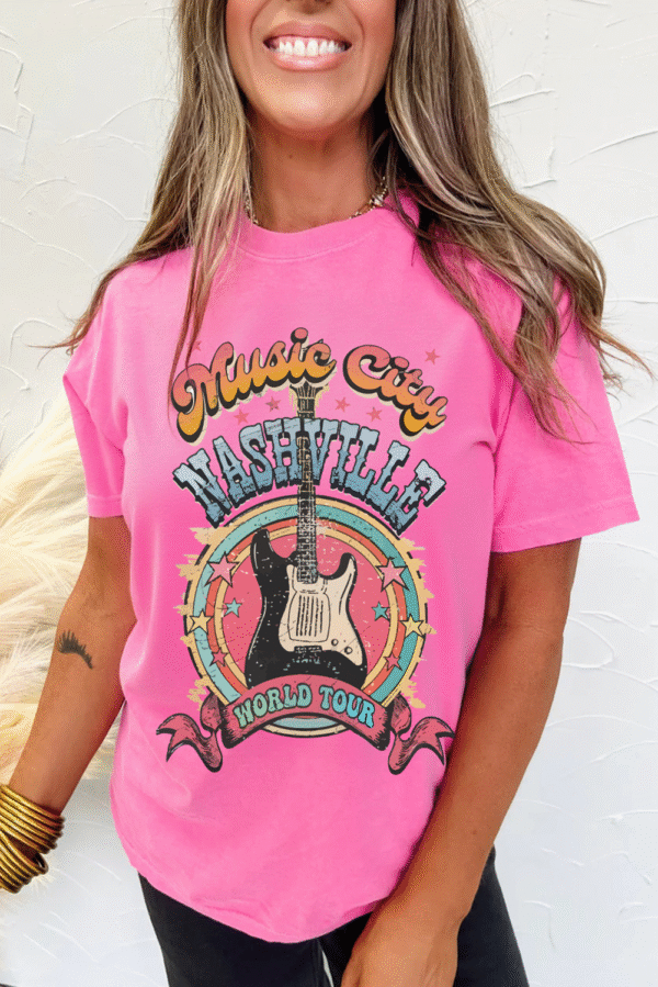 Sachet Pink Nashville WORLD TOUR Music City Guitarist Graphic Tee