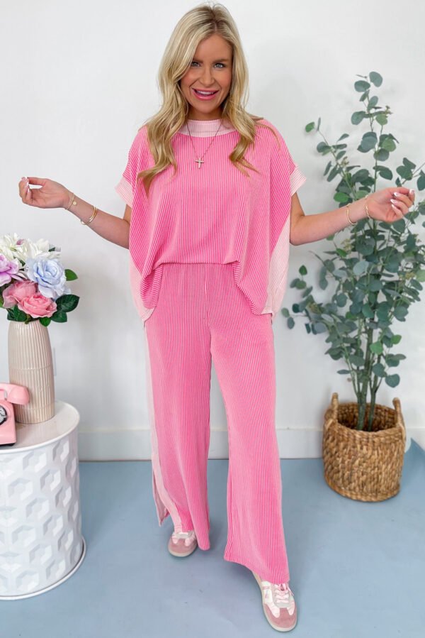 Sachet Pink 2-tone Colorblock Patchwork Corded 2pcs Outfit