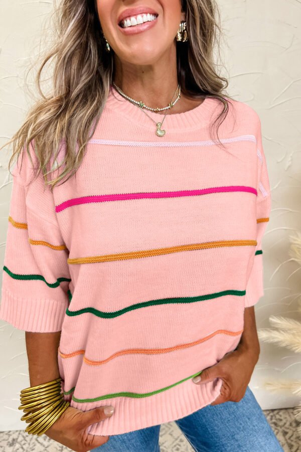 Pink Colorblock Striped Half Sleeve Drop Shoulder Sweater