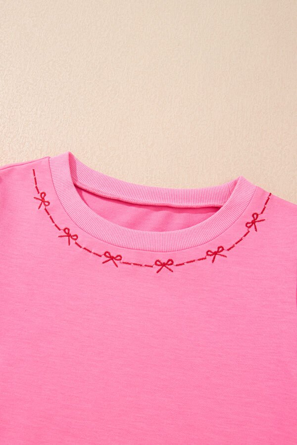 Pink Contrast Bow Trim Pearl Puff Sleeve Blouse and Skort 2pcs Set