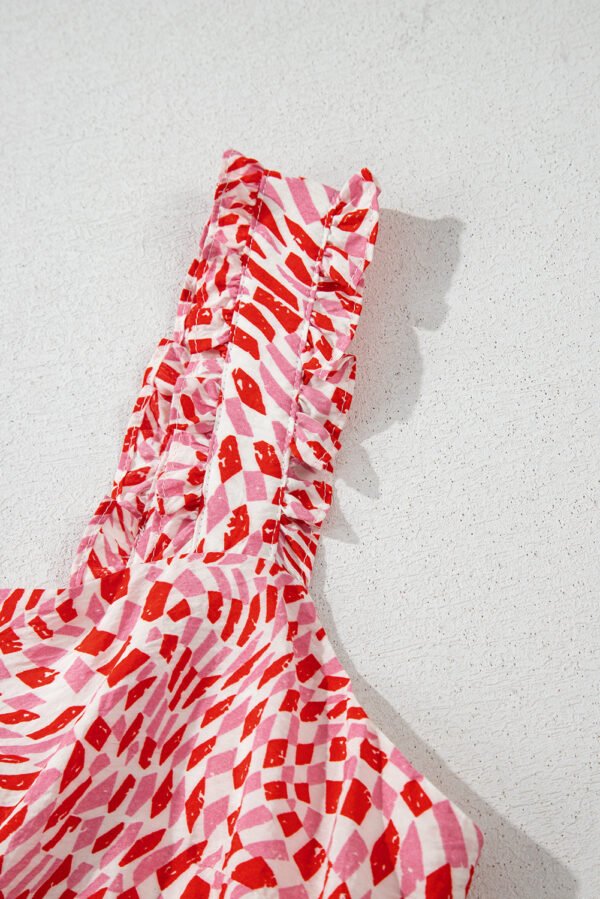 Pink Geometric Print Knot Back Sleeveless Ruffle Hem Dress