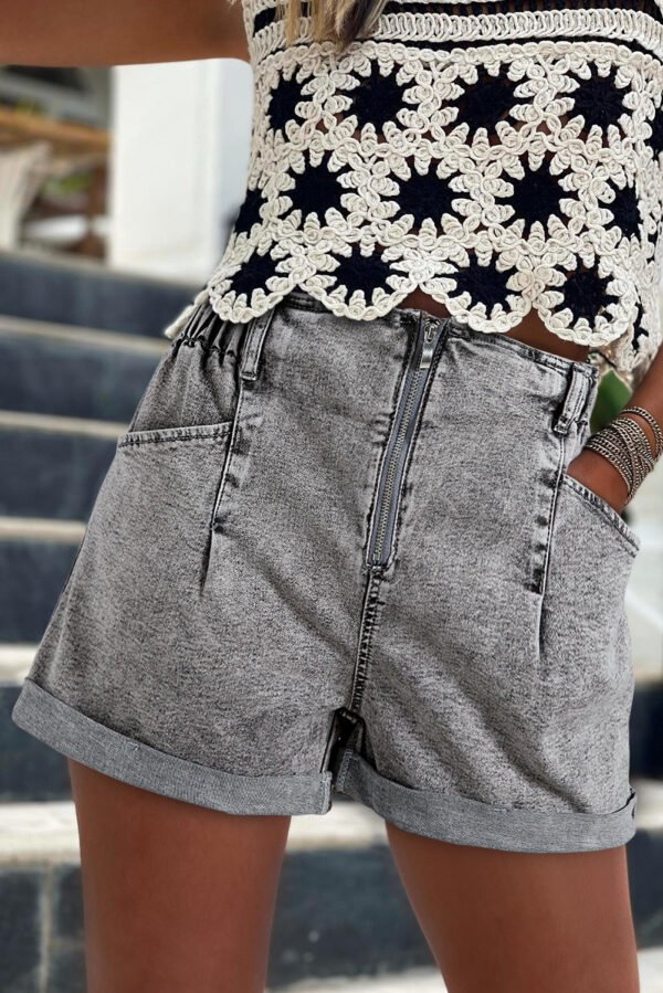 Gray Zipped Light Wash Cuffed Edge Denim Shorts