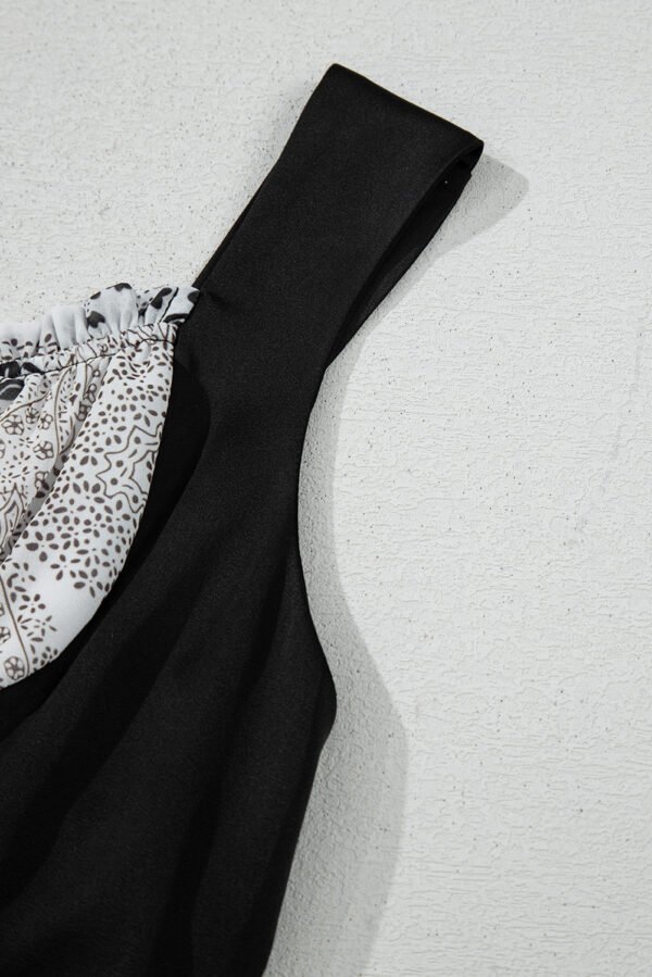 Black Sleeveless Leather Bustier Patchwork Paisley Floral Chiffon Dress