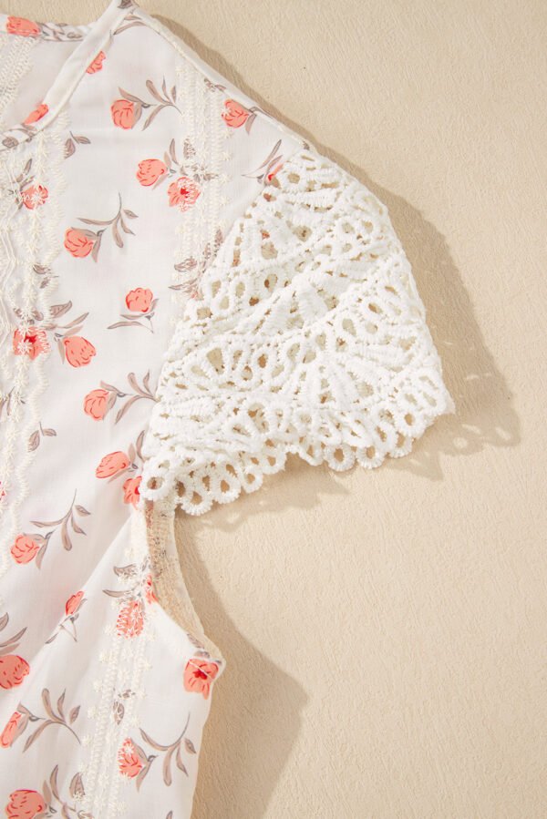 Pink Floral Print Embroidery Detail Crochet Cap Sleeve Blouse