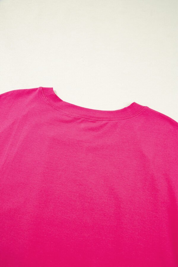 Rose Red Color Block Ruffled Crew Neck Loose Fit T Shirt