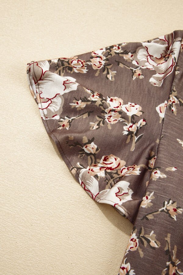 Khaki Retro Floral Print Tassel Tie Split Neck Short Sleeve Blouse