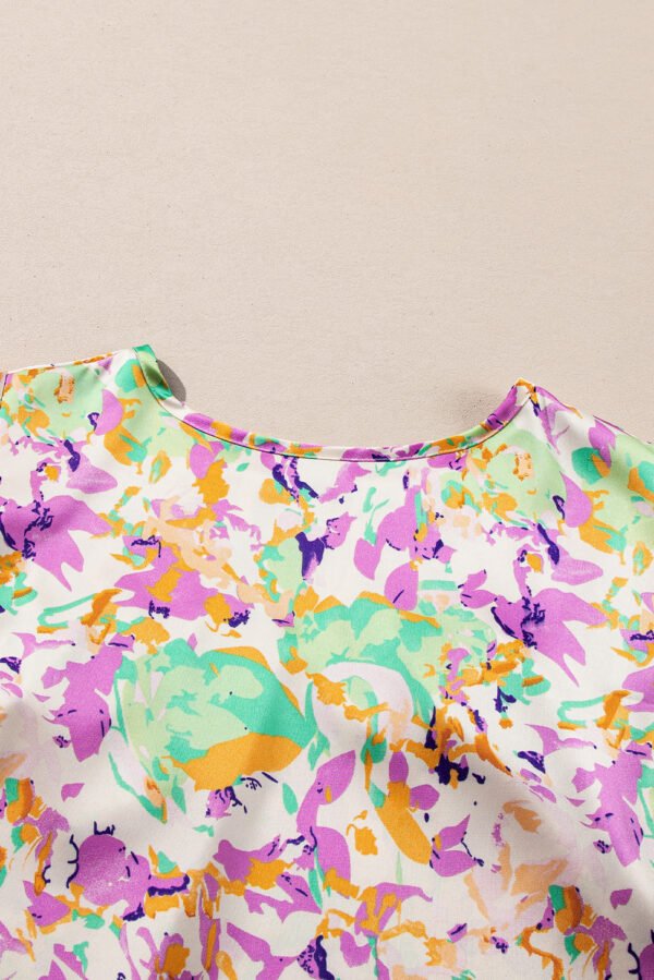 Purple Abstract Printed Ruffled Short Sleeve Notched Neck Blouse