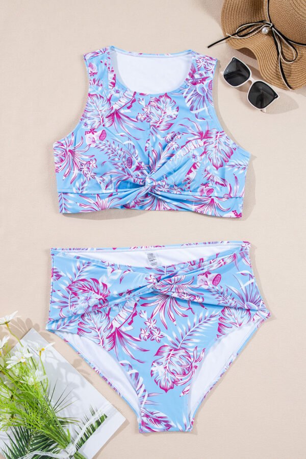 Sky Blue Plus Size Floral Print Twisted High Waist Bikini Set