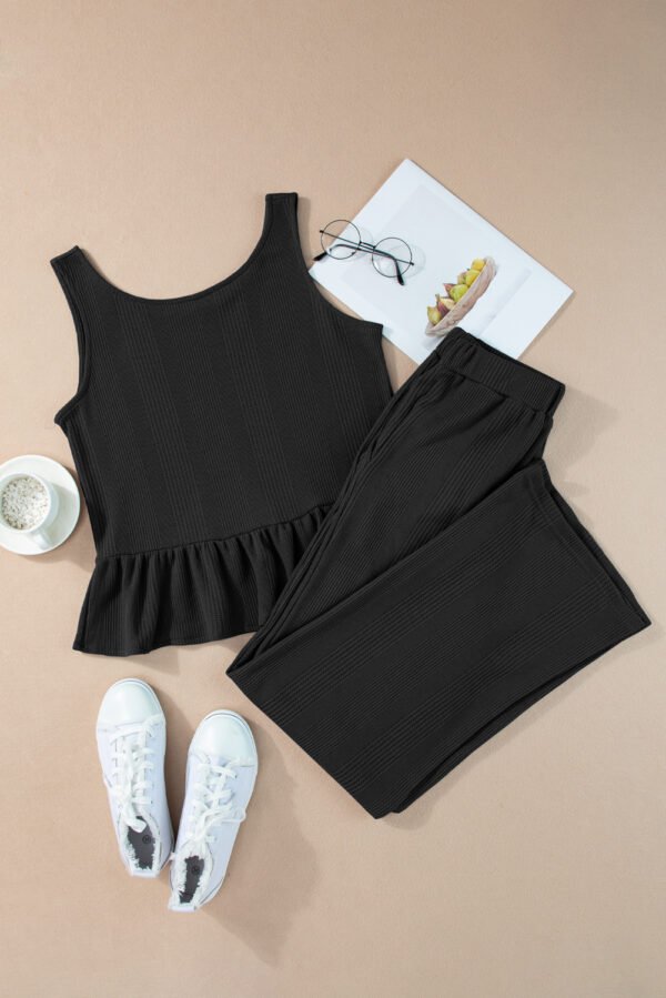 Black Solid Color Ribbed Ruffle Tank Top and Pants Set