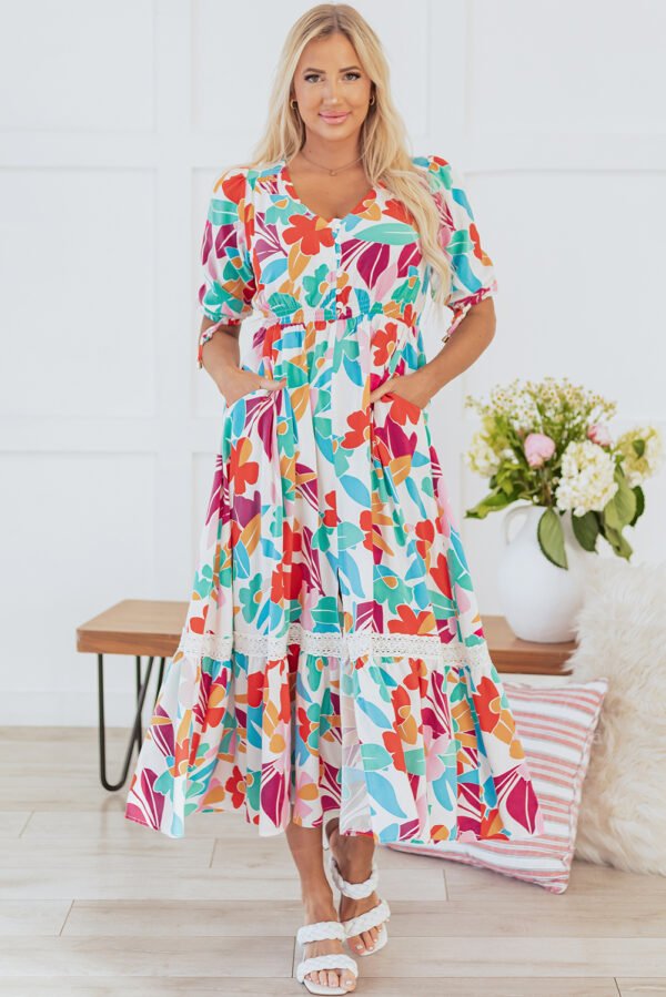 Rose Red Floral Knot Puff Sleeve V Neck Buttoned Front Split Lace Maxi Dress