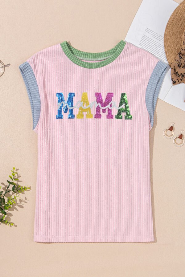 Pink Sequined MAMA Graphic Corded Rib Knit Colorblock T Shirt