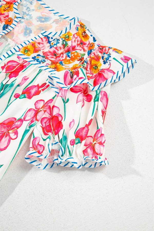 Pink Floral Print Striped Detail Split Neck Short Sleeve Blouse
