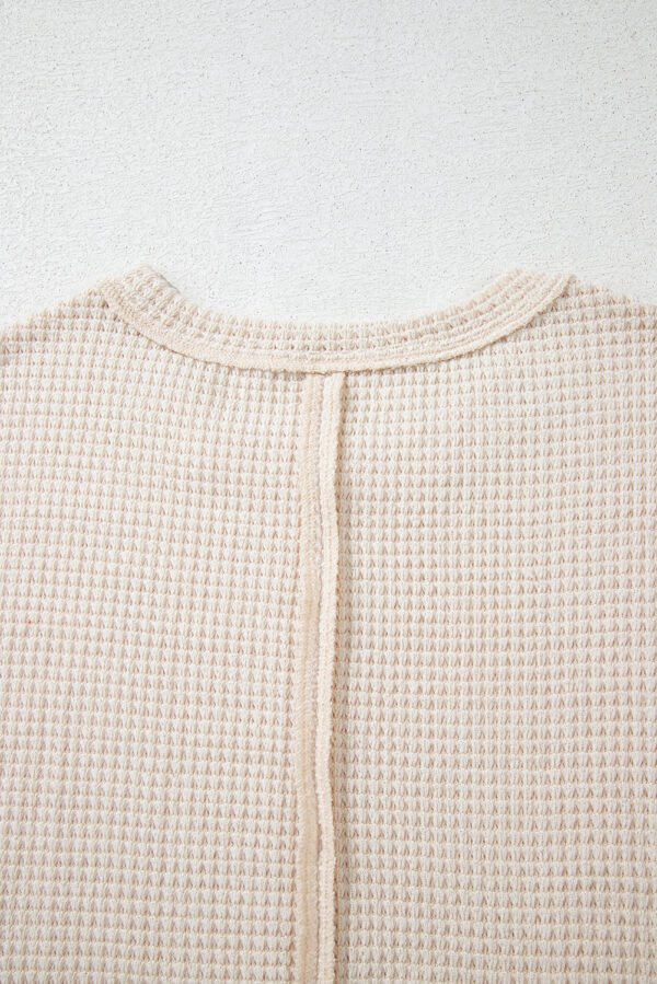 Pale Khaki Solid Color Textured Seamed Short Sleeve Top