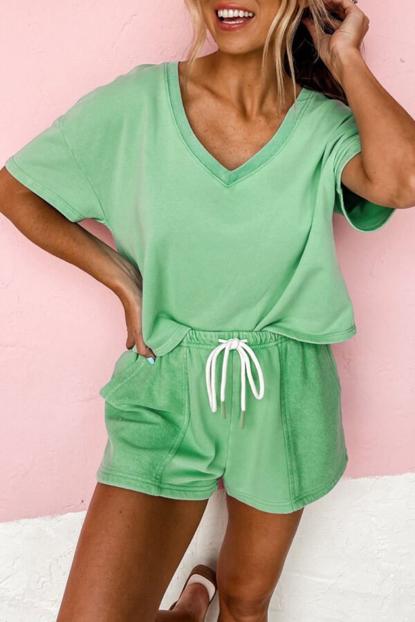 Mint Green V Neck Drop Shoulder Tee and Patchwork Drawstring Shorts Set
