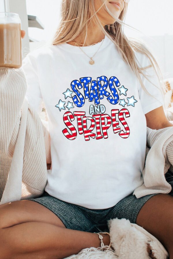 White Stars and Stripes Round Neck Graphic T Shirt