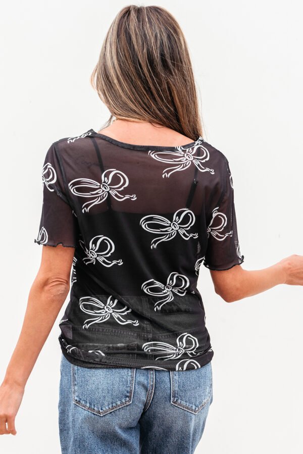 Black Bow Printed Mesh Short Sleeve Top