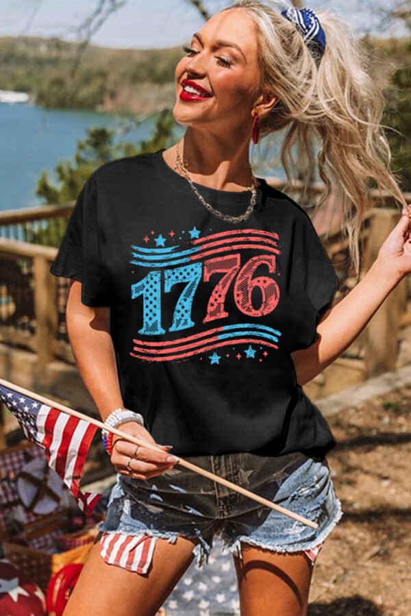 Black 1776 American Flag Theme Print Crew Neck T Shirt