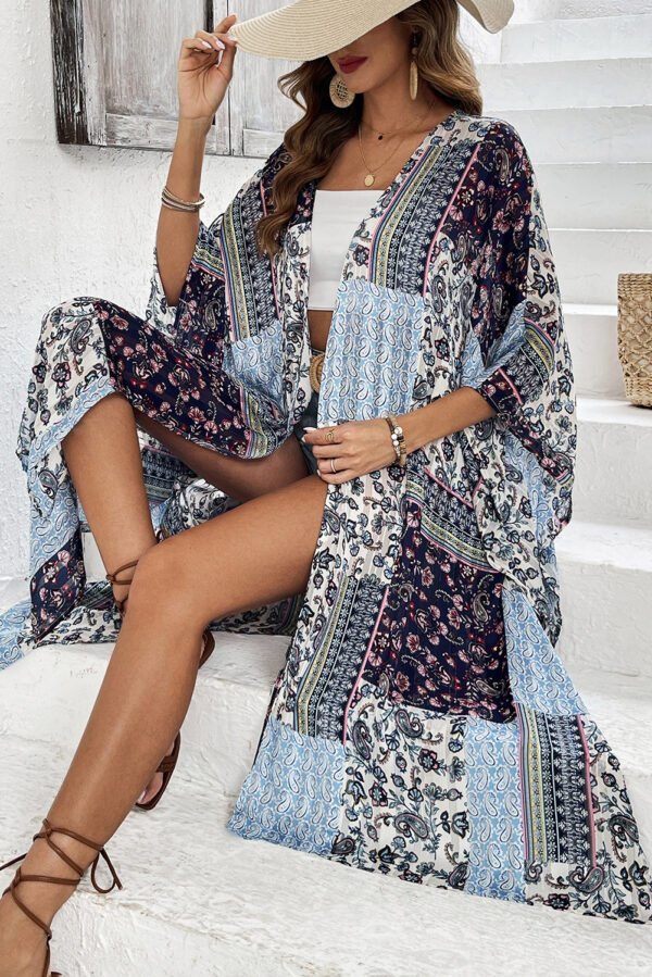 Blue Retro Floral Print Long Loose Open Front Kimono