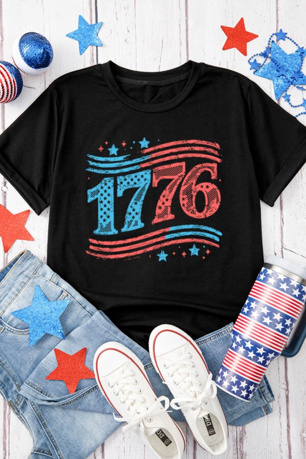 Black 1776 American Flag Theme Print Crew Neck T Shirt