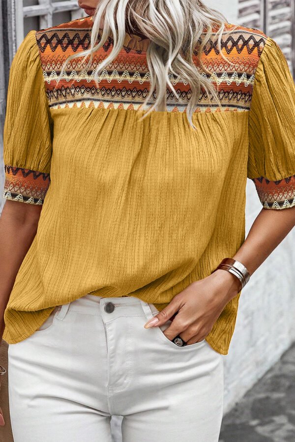 Mustard Geometric Short Puff Sleeve Frilled Collar Blouse