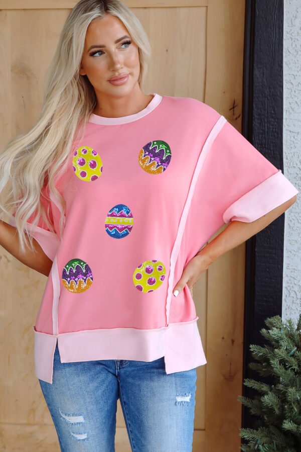 Peach Blossom Sequined Easter Eggs Contrast Patchwork Detail Short Sleeve Blouse