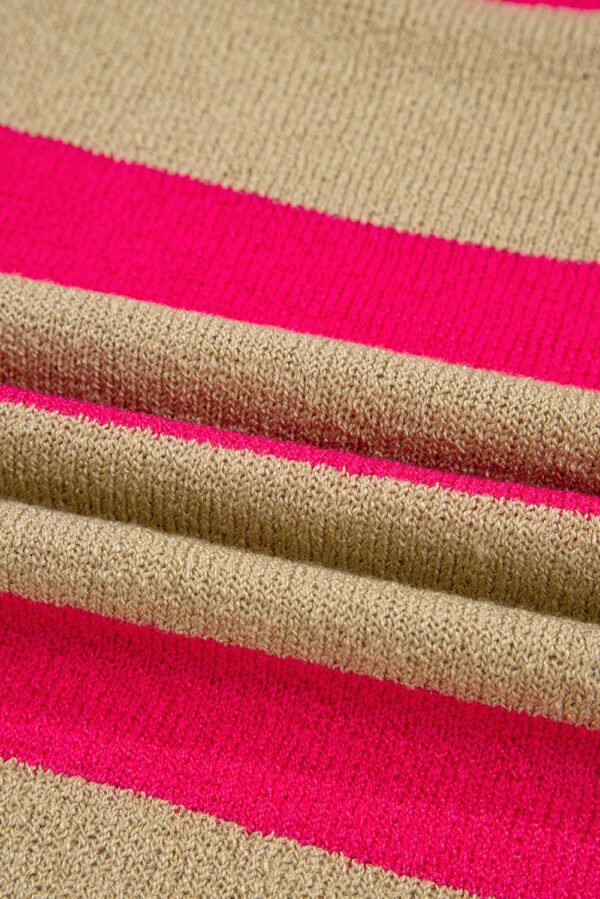 Pink Stripe Colorblock Short Sleeve Crew Neck Lightweight Sweater
