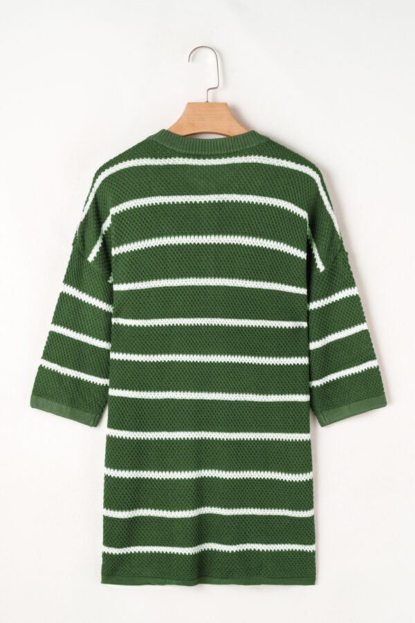 Green Stripe Henley Buttoned Placket Drop Shoulder Bracelet Sleeve Knit Sweater Tee