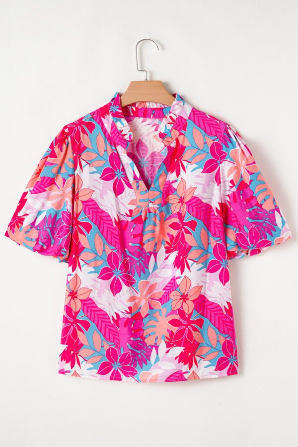 Rose Tropical Plant Printed V Neck Puff Sleeve Blouse