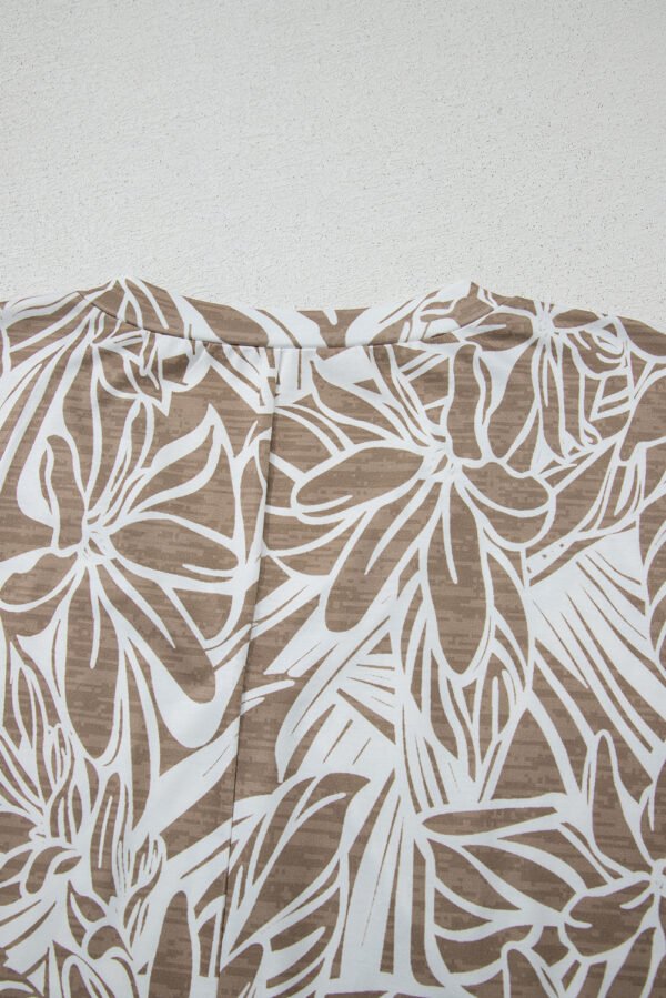 Khaki Floral Print V Neck Short Sleeve Loose Fit Blouse