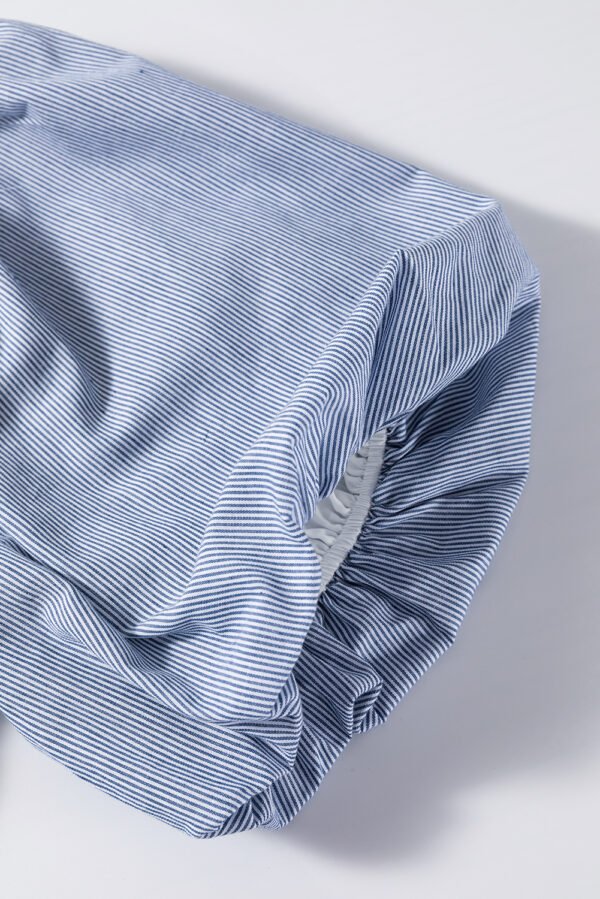 Sky Blue Stripe Bubble Sleeve Square Neck Ruched Pocketed Babydoll Dress