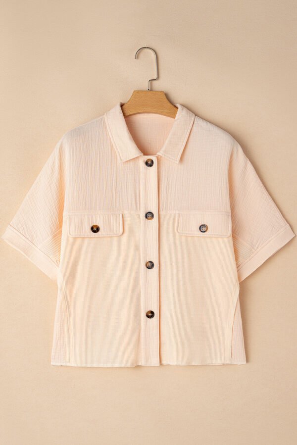 Beige Waffle Splicing Short Batwing Sleeve Flap Detail Shirt