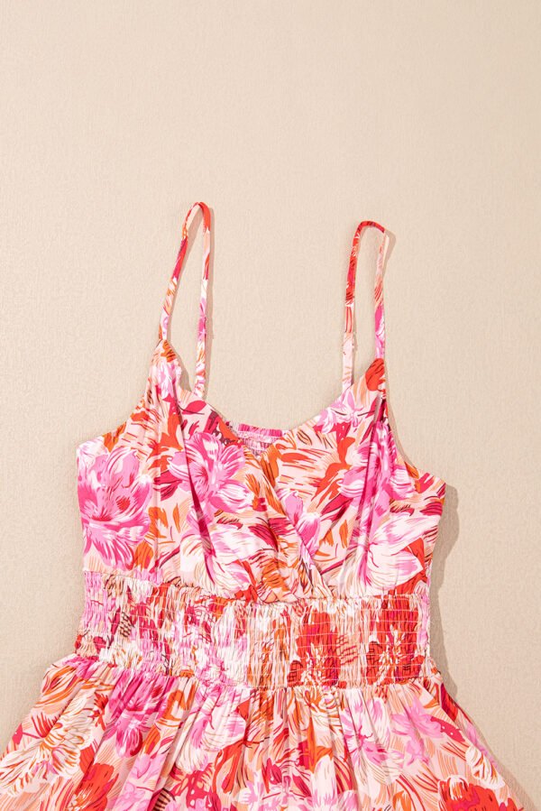 Red Floral Spaghetti Strap Surplice Neck Shirred Waist Mini Dress