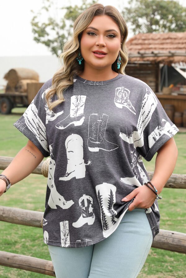 Gray Plus Size Western Boots Print Crew Neck T Shirt