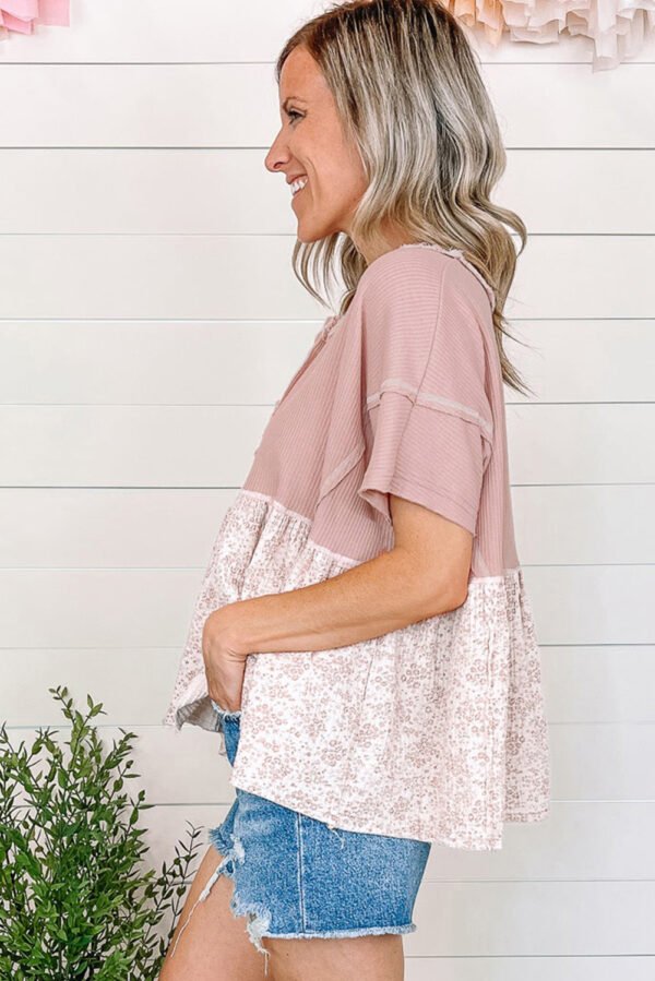 Pink Waffle Floral Patchwork Exposed Seam Detail Short Sleeve Top