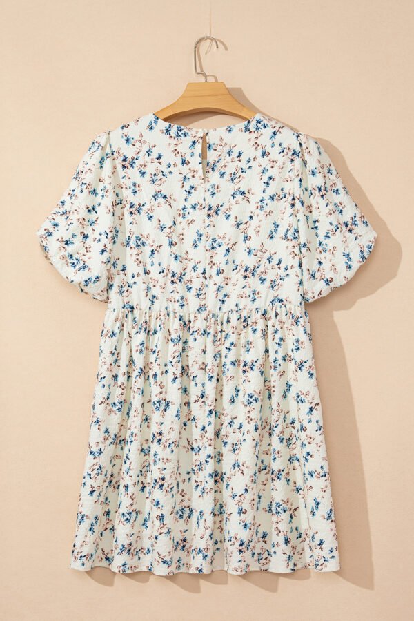 Beige Floral Puff Short Sleeve Empire Waist Mini Dress
