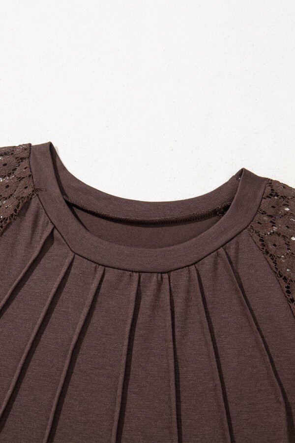 Dark Brown Contrast Lace Raglan Sleeve Pleated Detail Shift Dress