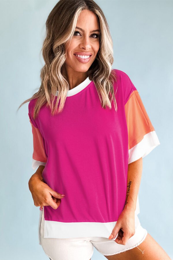 Rose Red Color Block Patchwork Side Slits Loose Fit T Shirt