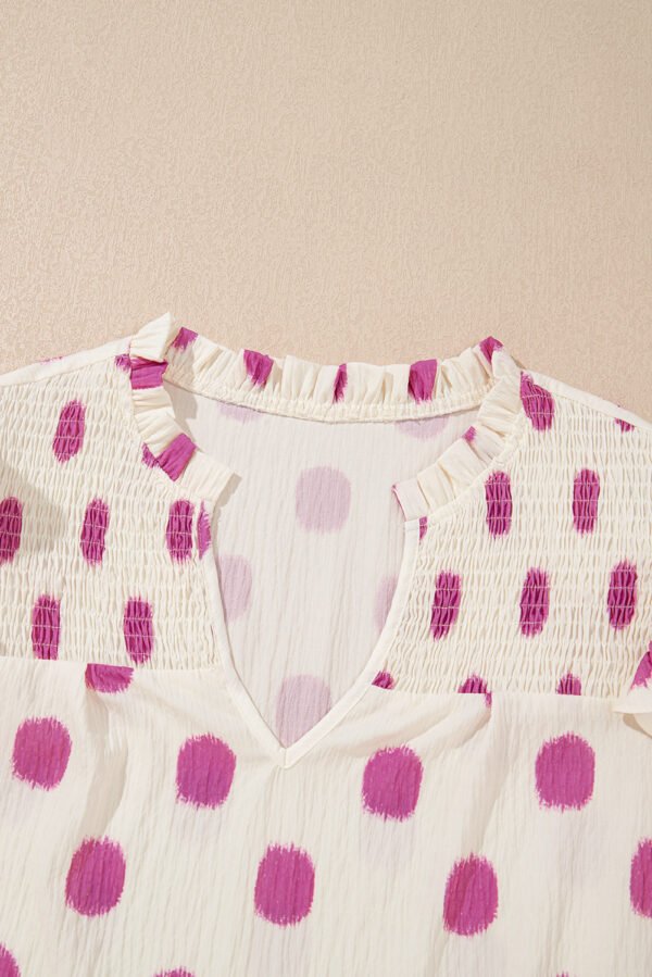 Rose Polka Dot Print Shirred Yoke Notched Neck Balloon Sleeve Blouse