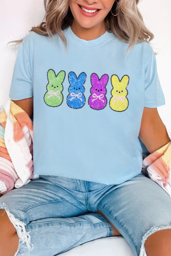 Light Blue Sequin Bunny Doll Graphic Casual T Shirt
