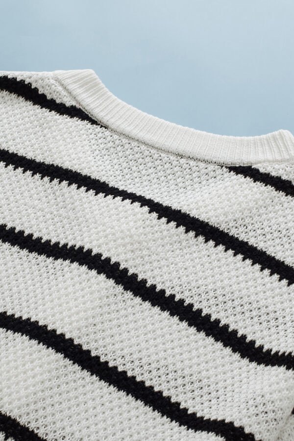 White Stripe Henley Buttoned Placket Drop Shoulder Bracelet Sleeve Knit Sweater Tee