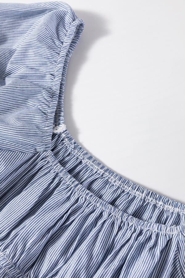 Sky Blue Stripe Bubble Sleeve Square Neck Ruched Pocketed Babydoll Dress