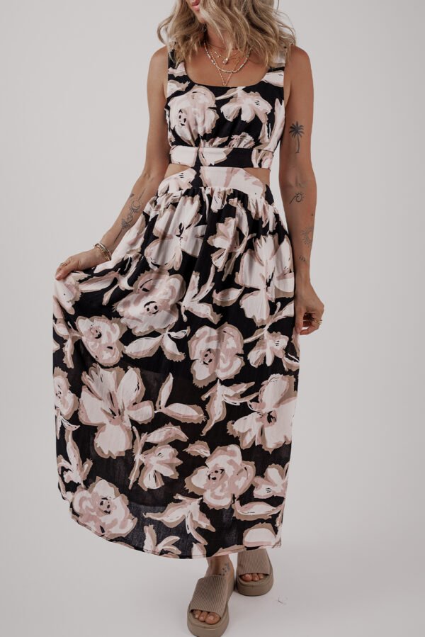 Black Floral Cutout Square Neck Knot Back Sleeveless Maxi Dress