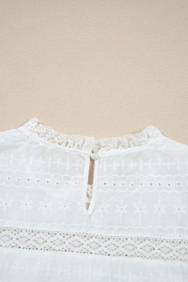 White Lace Neckline Flutter Sleeve Eyelets Blouse