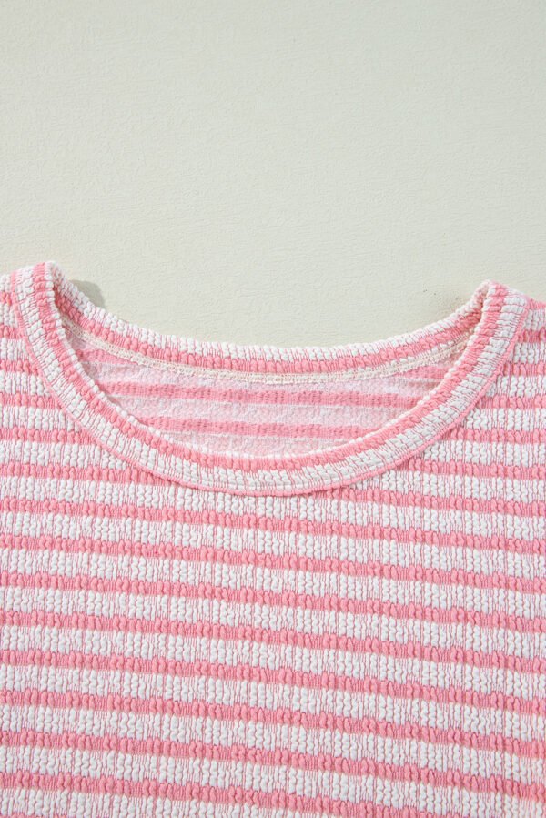 Pink Stripe Textured Puff Sleeve Crewneck Top